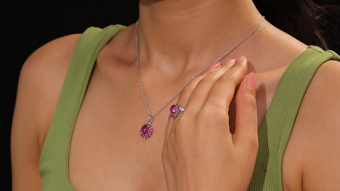 Ever True African Lilac Quartz (Triplet), Orissa Rhodolite Garnet 5.50 ctw Floral Ring (Size 5.0) and Pendant in Platinum Bond with Stainless Steel Necklace 20 inches
