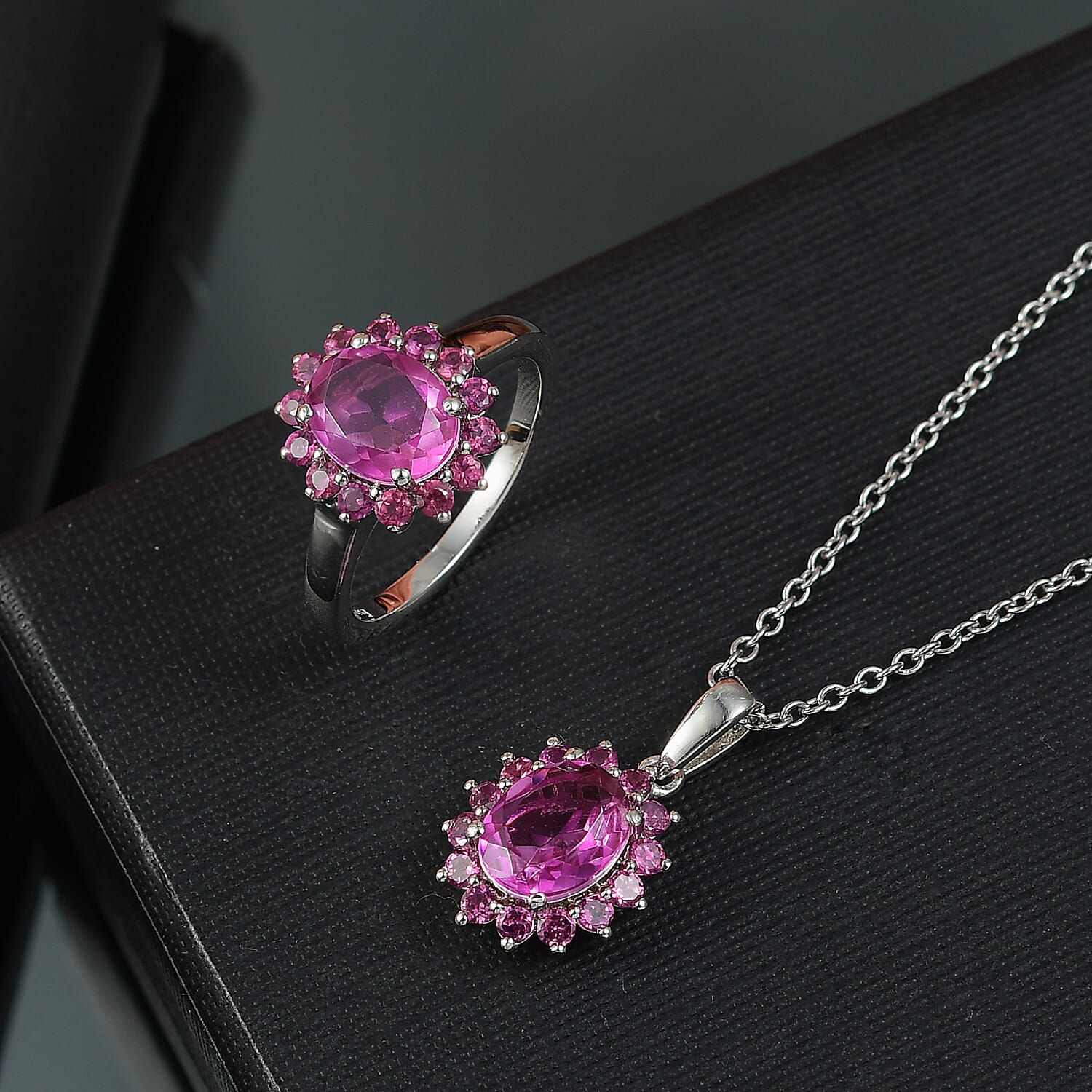 Ever True African Lilac Quartz (Triplet), Orissa Rhodolite Garnet 5.50 ctw Floral Ring (Size 5.0) and Pendant in Platinum Bond with Stainless Steel Necklace 20 inches