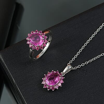 EverTrue African Lilac Quartz (Triplet), Orissa Rhodolite Garnet 5.50 ctw Floral Ring (Size 7.0) and Pendant in Platinum Bond with Stainless Steel Necklace 20 inches