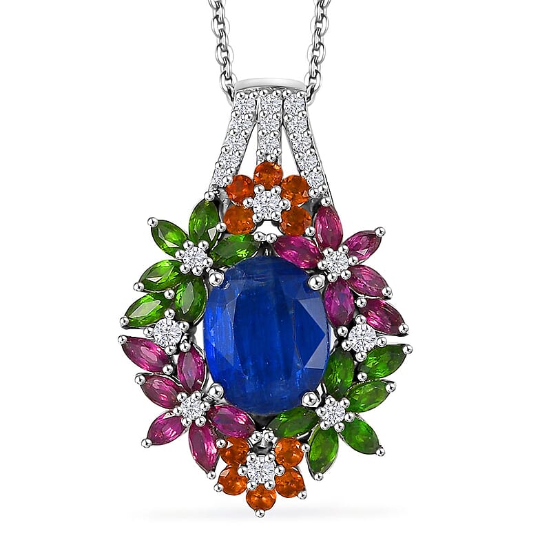 D'Joy Kashmir Kyanite and Multi Gemstone 7.75 ctw Mystic Garden Pendant Necklace in Rhodium Over Sterling Silver 20 Inches