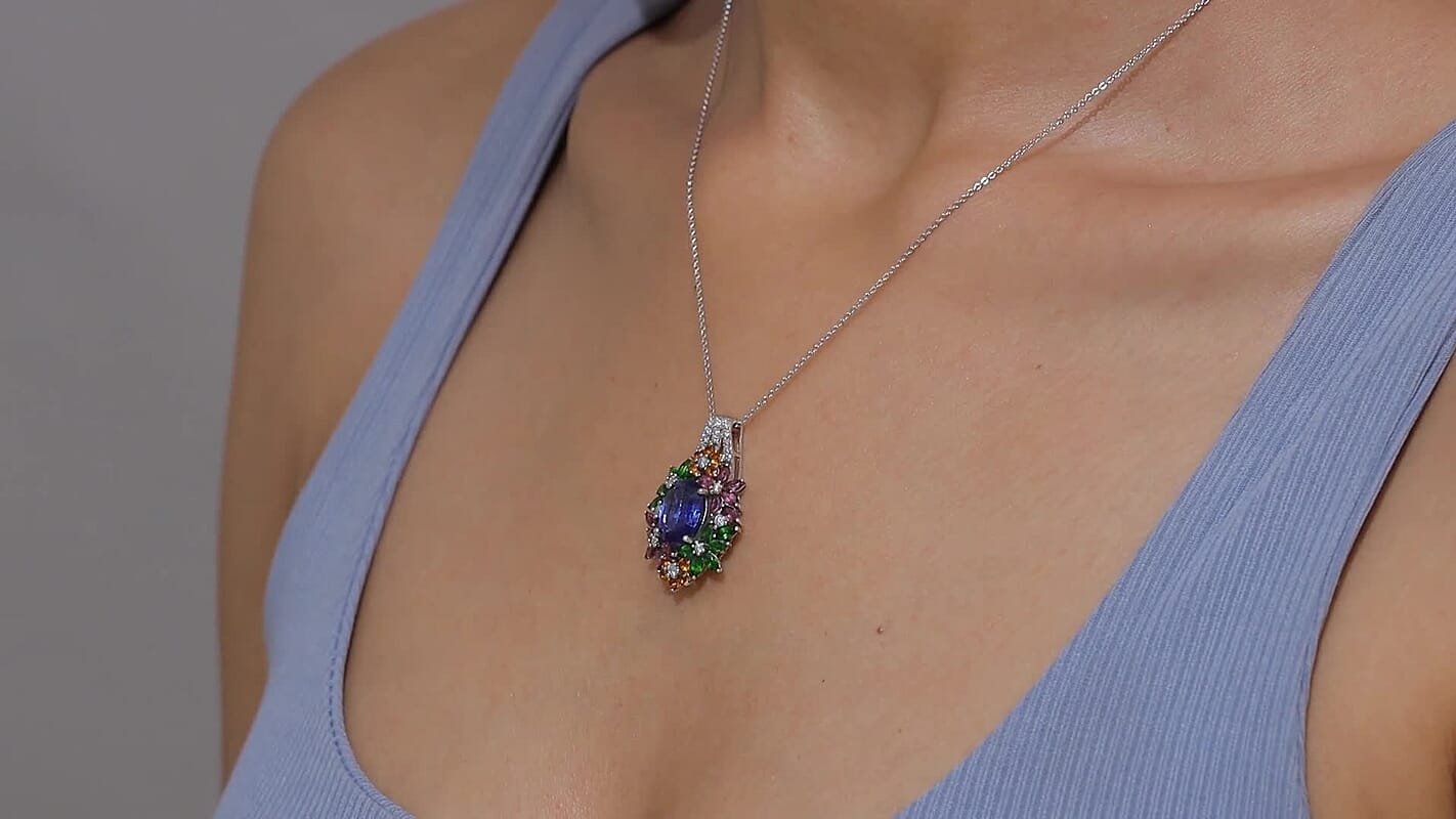 D'Joy Kashmir Kyanite and Multi Gemstone 7.75 ctw Mystic Garden Pendant Necklace in Rhodium Over Sterling Silver 20 Inches