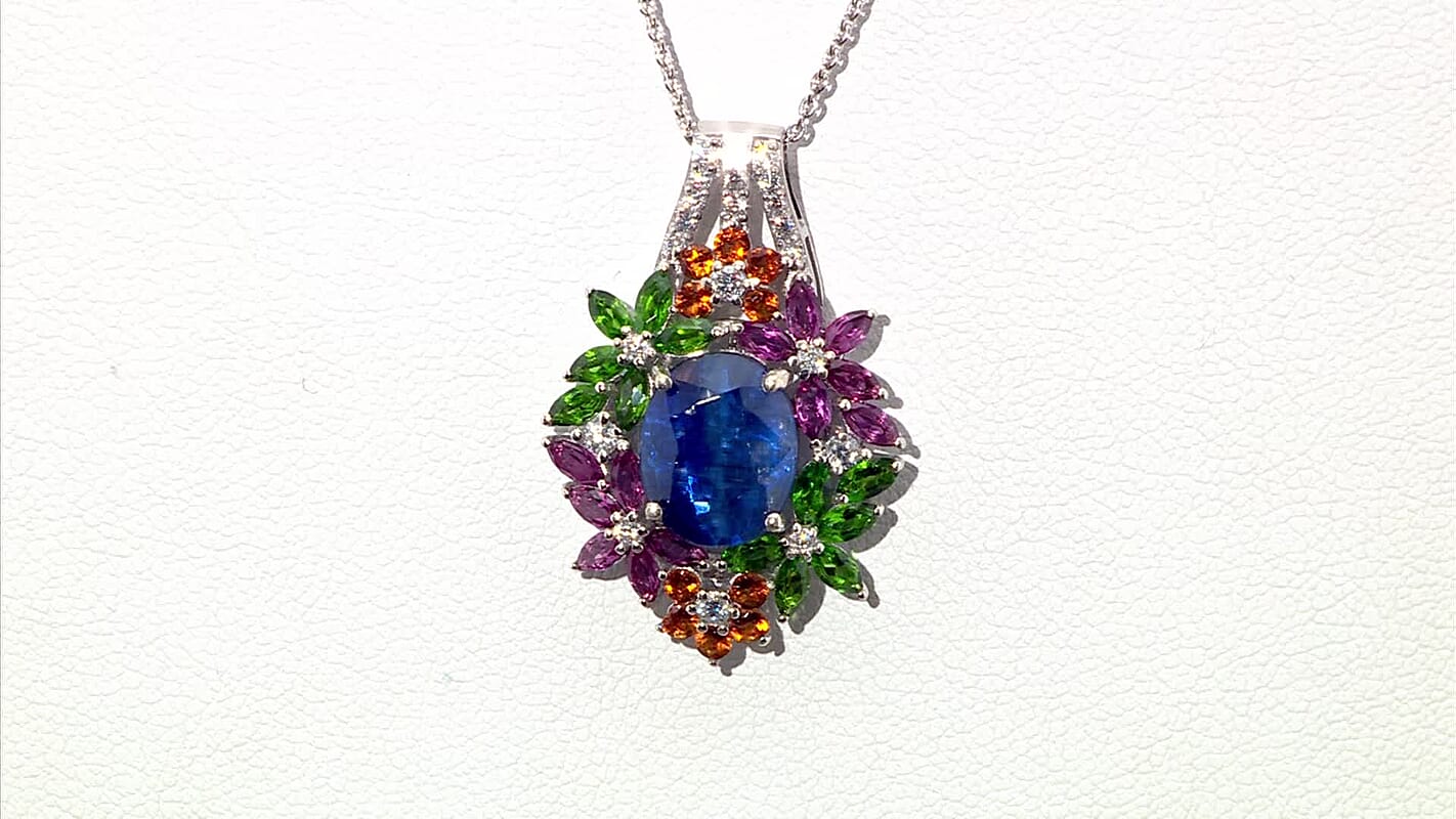 D'Joy Kashmir Kyanite and Multi Gemstone 7.75 ctw Mystic Garden Pendant Necklace in Rhodium Over Sterling Silver 20 Inches