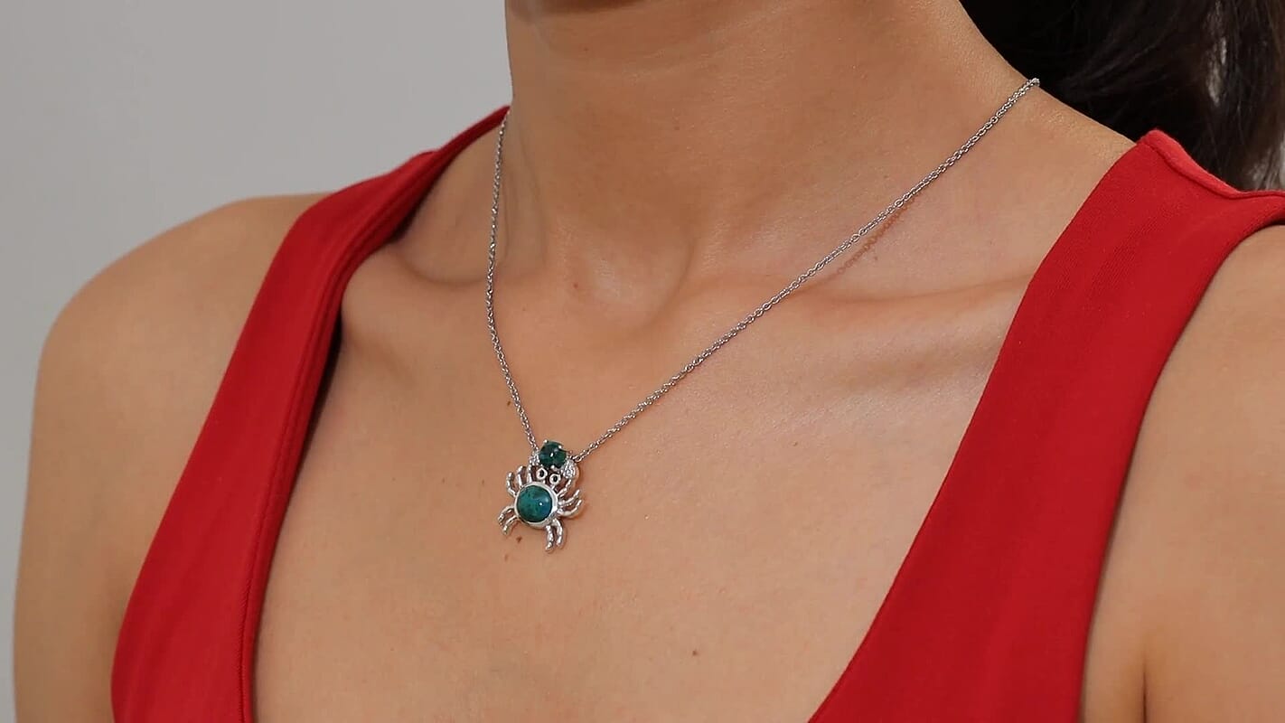 D'Joy Chrysocolla and White Zircon 5.10 ctw Mystic Crab Pendant in Platinum Over Sterling Silver with Stainless Steel Necklace 20 Inches