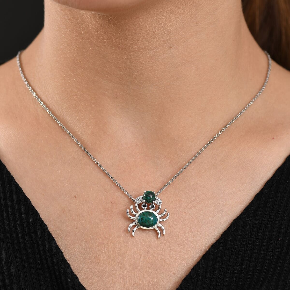 D'Joy Chrysocolla and White Zircon 5.10 ctw Mystic Crab Pendant in Platinum Over Sterling Silver with Stainless Steel Necklace 20 Inches image number 2