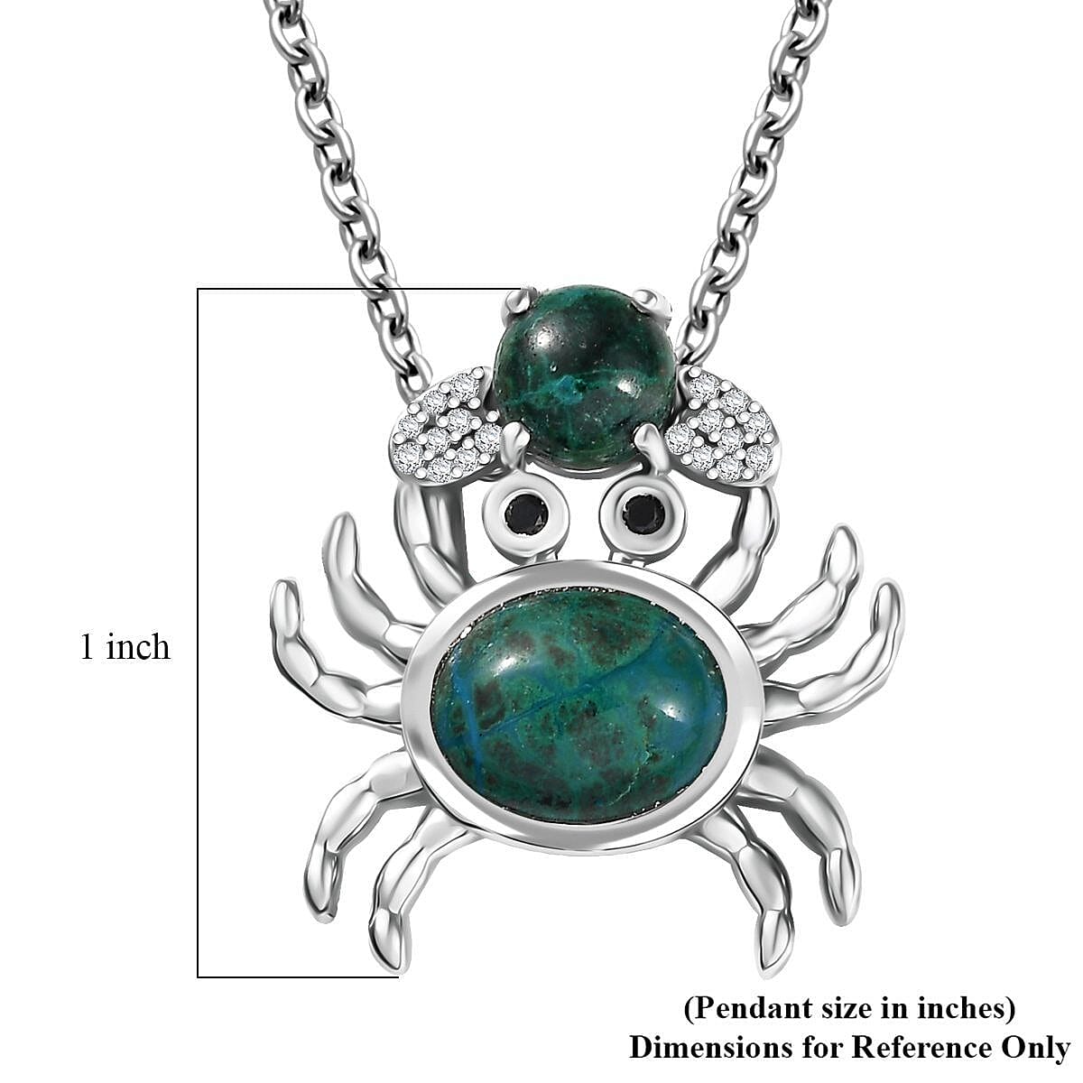 D'Joy Chrysocolla and White Zircon 5.10 ctw Mystic Crab Pendant in Platinum Over Sterling Silver with Stainless Steel Necklace 20 Inches