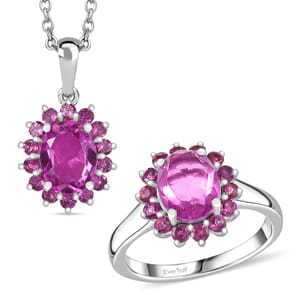 Ever True African Lilac Quartz (Triplet), Orissa Rhodolite Garnet 5.50 ctw Ring (Size 9.0) and Pendant in Platinum Bond with Stainless Steel Necklace 20 inches