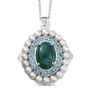 Ever True Chrysocolla and Multi Gemstone 9.50 ctw Embraces the Ocean Pendant in Platinum Bond with Stainless Steel Necklace 20 Inches