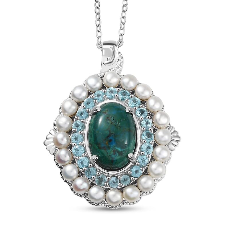 EverTrue Chrysocolla and Multi Gemstone 9.50 ctw Embraces the Ocean Pendant in Platinum Bond with Stainless Steel Necklace 20 Inches