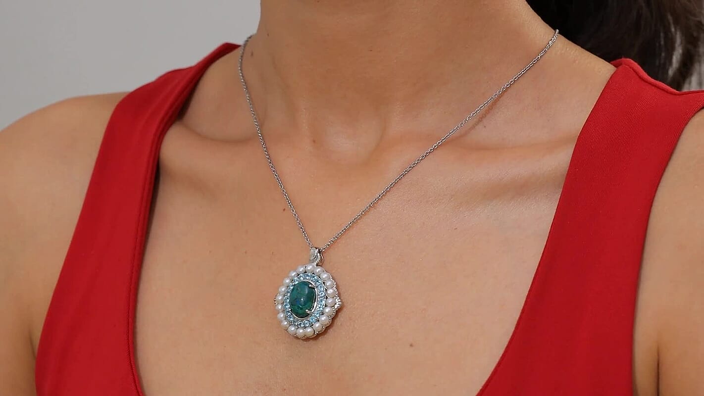 EverTrue Chrysocolla and Multi Gemstone 9.50 ctw Embraces the Ocean Pendant in Platinum Bond with Stainless Steel Necklace 20 Inches