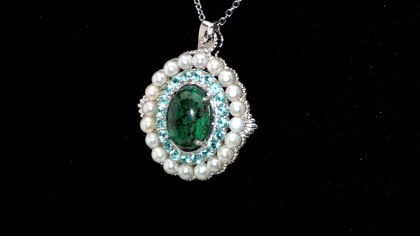EverTrue Chrysocolla and Multi Gemstone 9.50 ctw Embraces the Ocean Pendant in Platinum Bond with Stainless Steel Necklace 20 Inches