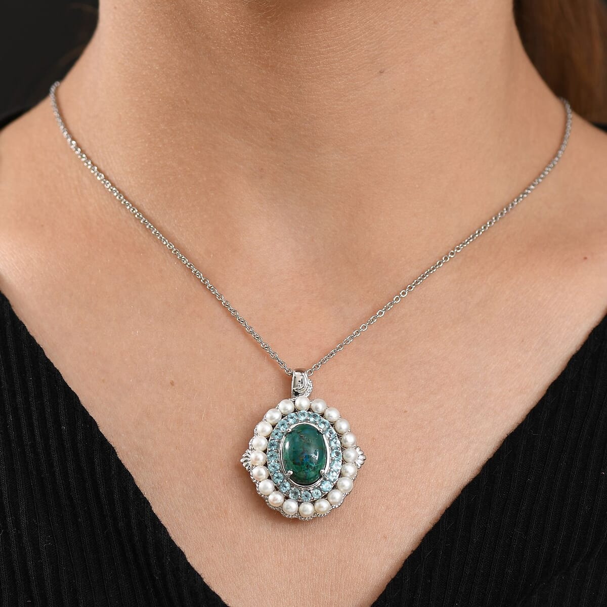 Ever True Chrysocolla and Multi Gemstone 9.50 ctw Embraces the Ocean Pendant in Platinum Bond with Stainless Steel Necklace 20 Inches image number 2