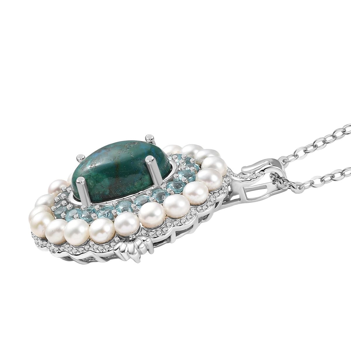 Ever True Chrysocolla and Multi Gemstone 9.50 ctw Embraces the Ocean Pendant in Platinum Bond with Stainless Steel Necklace 20 Inches image number 3