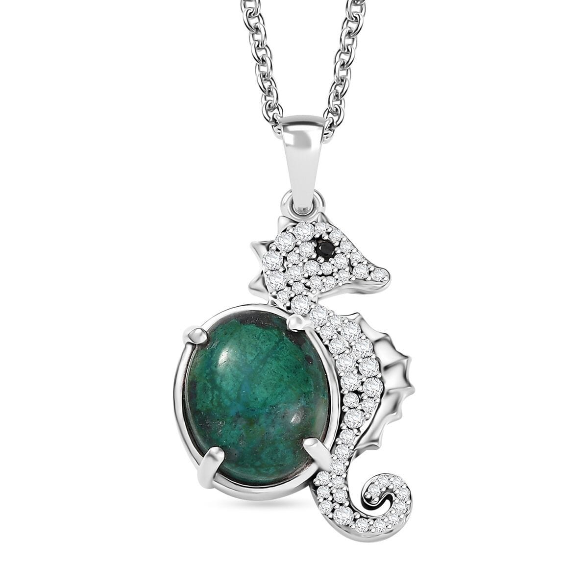 Ever True Chrysocolla and White Zircon 4.85 ctw Sea of Serenity Seahorse Pendant in Platinum Bond with Stainless Steel Necklace 20 Inches image number 0