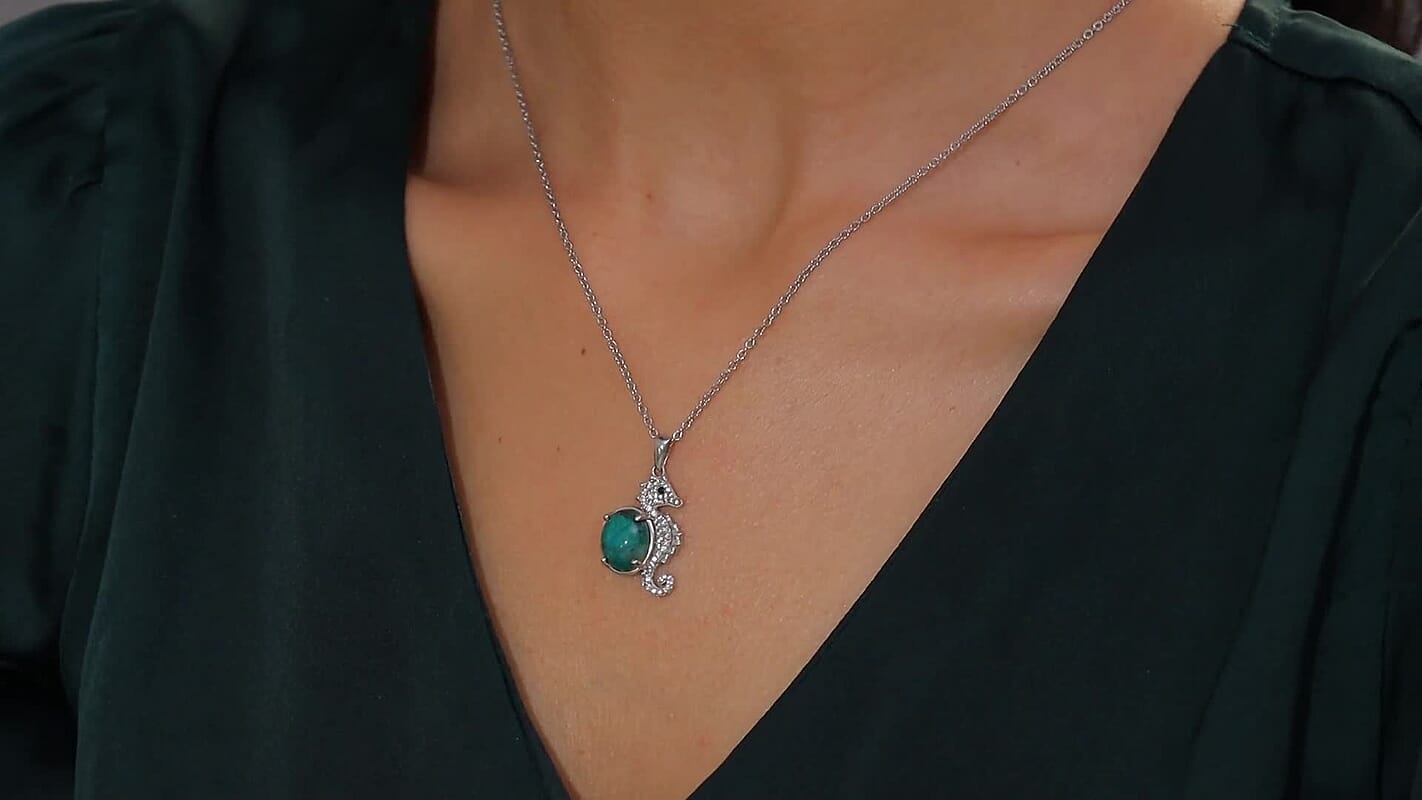 EverTrue Chrysocolla and White Zircon 4.85 ctw Sea of Serenity Seahorse Pendant in Platinum Bond with Stainless Steel Necklace 20 Inches