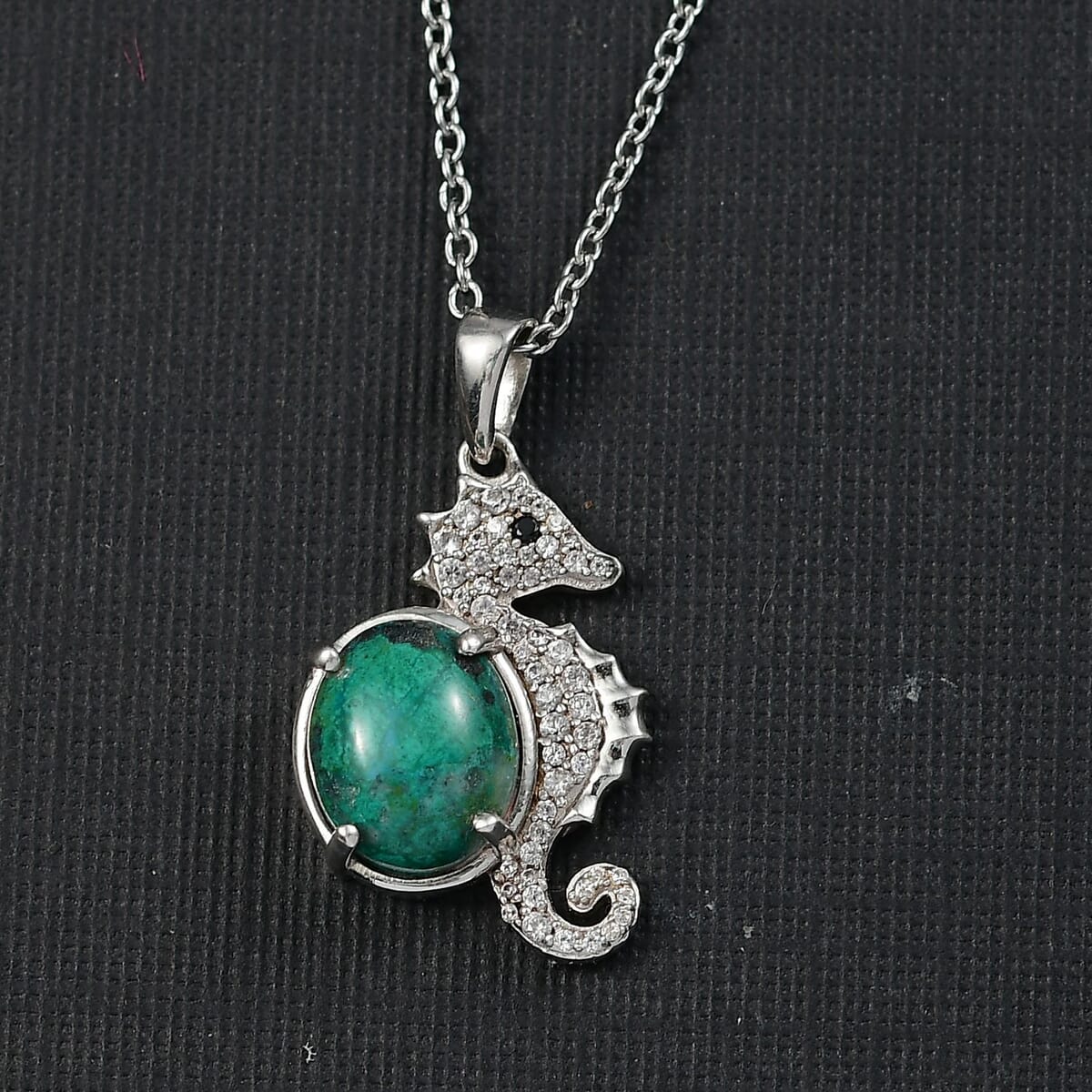 Ever True Chrysocolla and White Zircon 4.85 ctw Sea of Serenity Seahorse Pendant in Platinum Bond with Stainless Steel Necklace 20 Inches image number 1