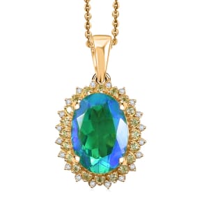 Ever True Peacock Quartz (Triplet) and Multi Gemstone 6.50 ctw Peacock Feathers Pendant in 18K YG Plated with ION Plated YG Stainless Steel Necklace 20 Inches