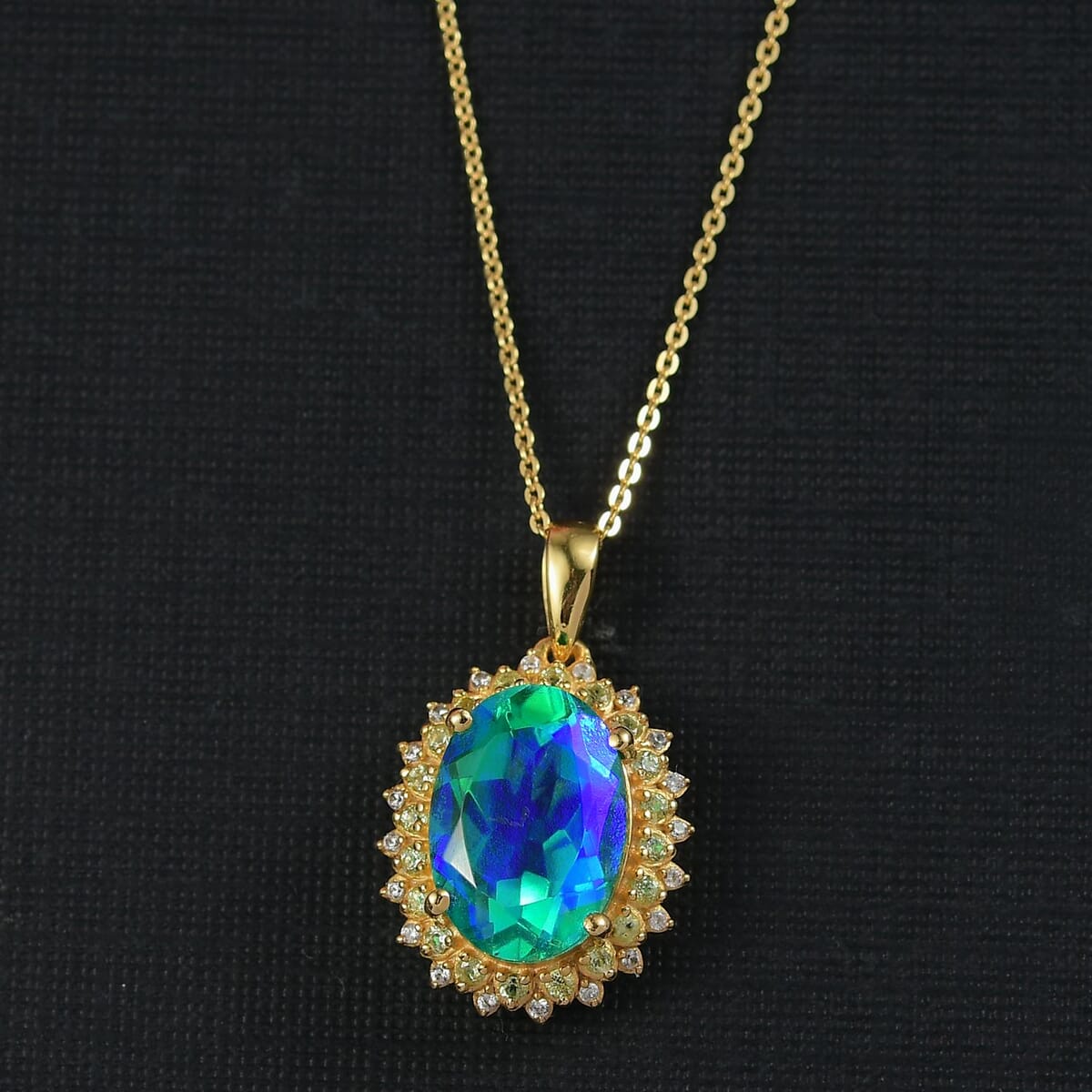 Ever True Peacock Quartz (Triplet) and Multi Gemstone 6.50 ctw Peacock Feathers Pendant in 18K YG Plated with ION Plated YG Stainless Steel Necklace 20 Inches image number 1