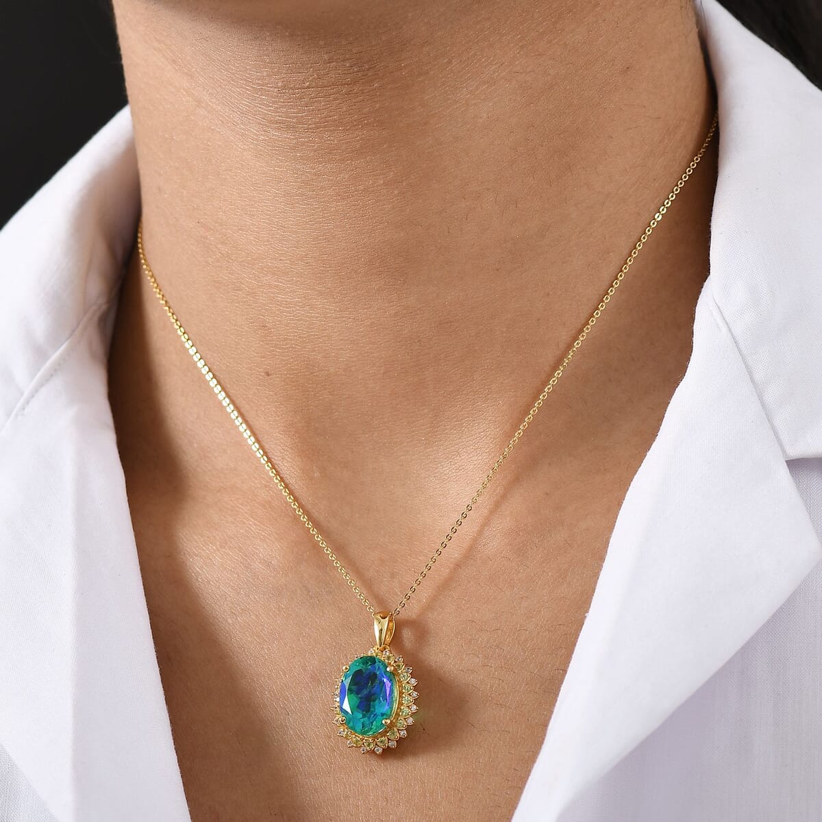 Ever True Peacock Quartz (Triplet) and Multi Gemstone 6.50 ctw Peacock Feathers Pendant in 18K YG Plated with ION Plated YG Stainless Steel Necklace 20 Inches image number 2