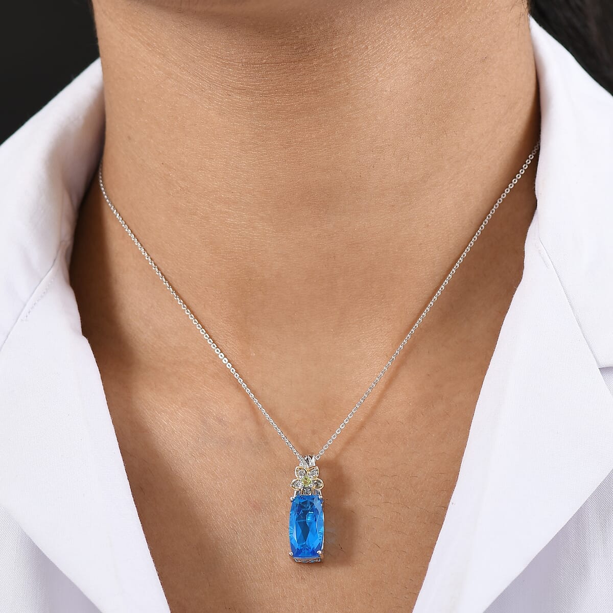 Ever True Caribbean Quartz (Triplet) and Multi Gemstone 5.50 ctw Chrysanthemum Flower Pendant in 18K YG Plated and Platinum Bond with Stainless Steel Chain 20 Inches image number 2