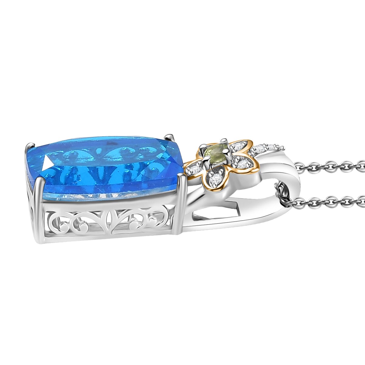 Ever True Caribbean Quartz (Triplet) and Multi Gemstone 5.50 ctw Chrysanthemum Flower Pendant in 18K YG Plated and Platinum Bond with Stainless Steel Chain 20 Inches image number 3