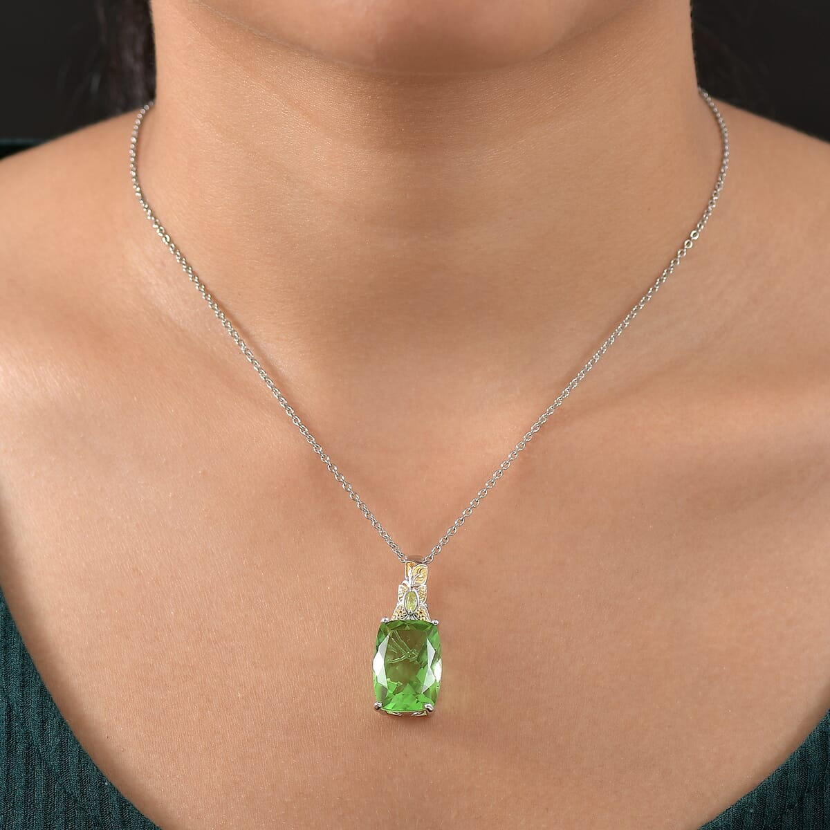 Ever True Chartreuse Quartz (Triplet) and Peridot 15.20 ctw Butterfly Pendant in 18K YG Plated and Platinum Bond with Stainless Steel Necklace 20 Inches image number 2