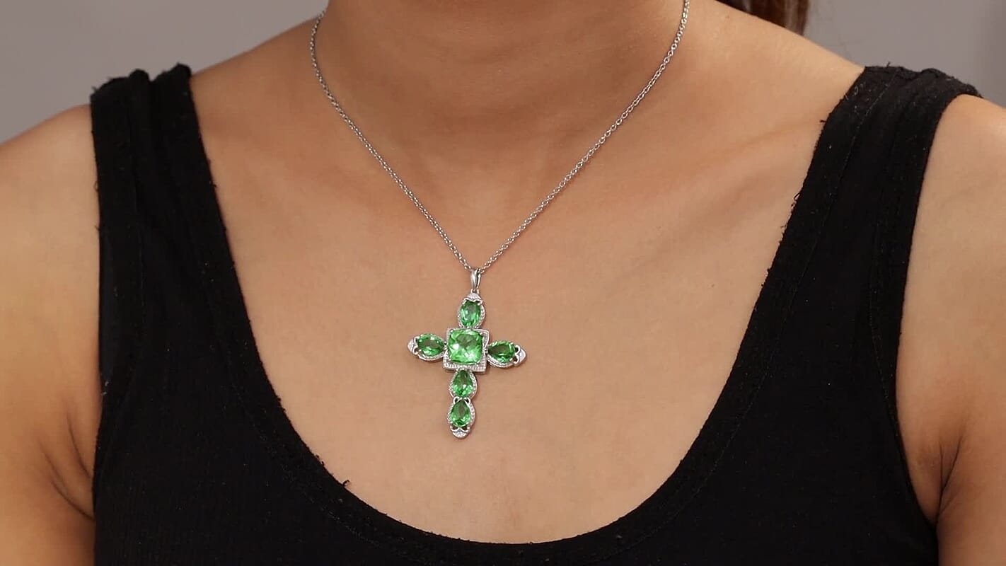 D'Joy Chartreuse Quartz (Triplet) 11.10 ctw Cross Pendant Necklace in Platinum Over Sterling Silver 20 Inches