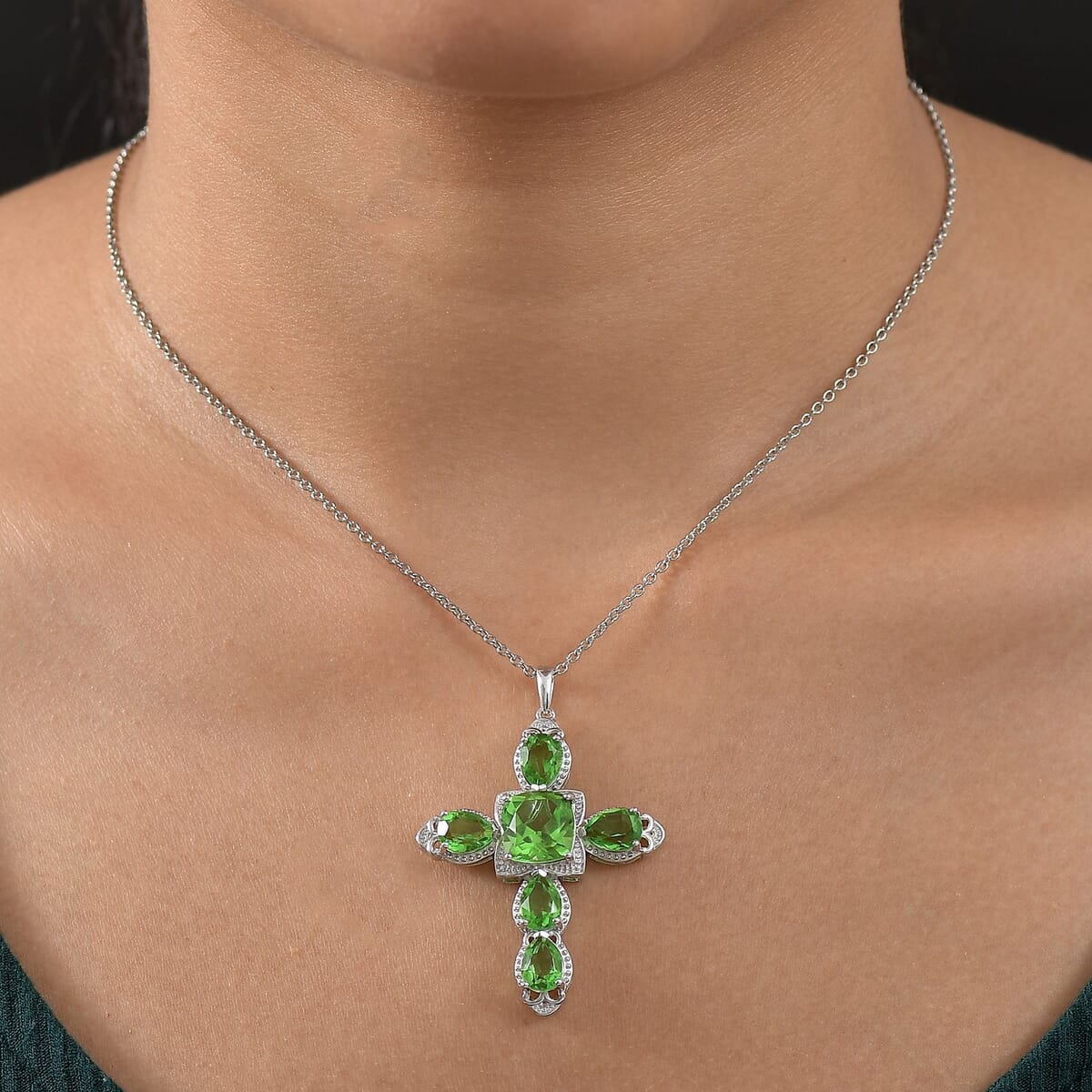 D'Joy Chartreuse Quartz (Triplet) 11.10 ctw Cross Pendant Necklace in Platinum Over Sterling Silver 20 Inches image number 2