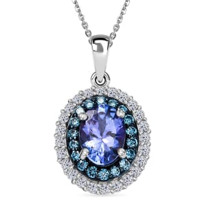 Premium Tanzanite, Luxuriant Lab Grown Blue and White Diamond 1.45 ctw Twilight Reverie Pendant Necklace 20 Inches in Rhodium Over Sterling Silver