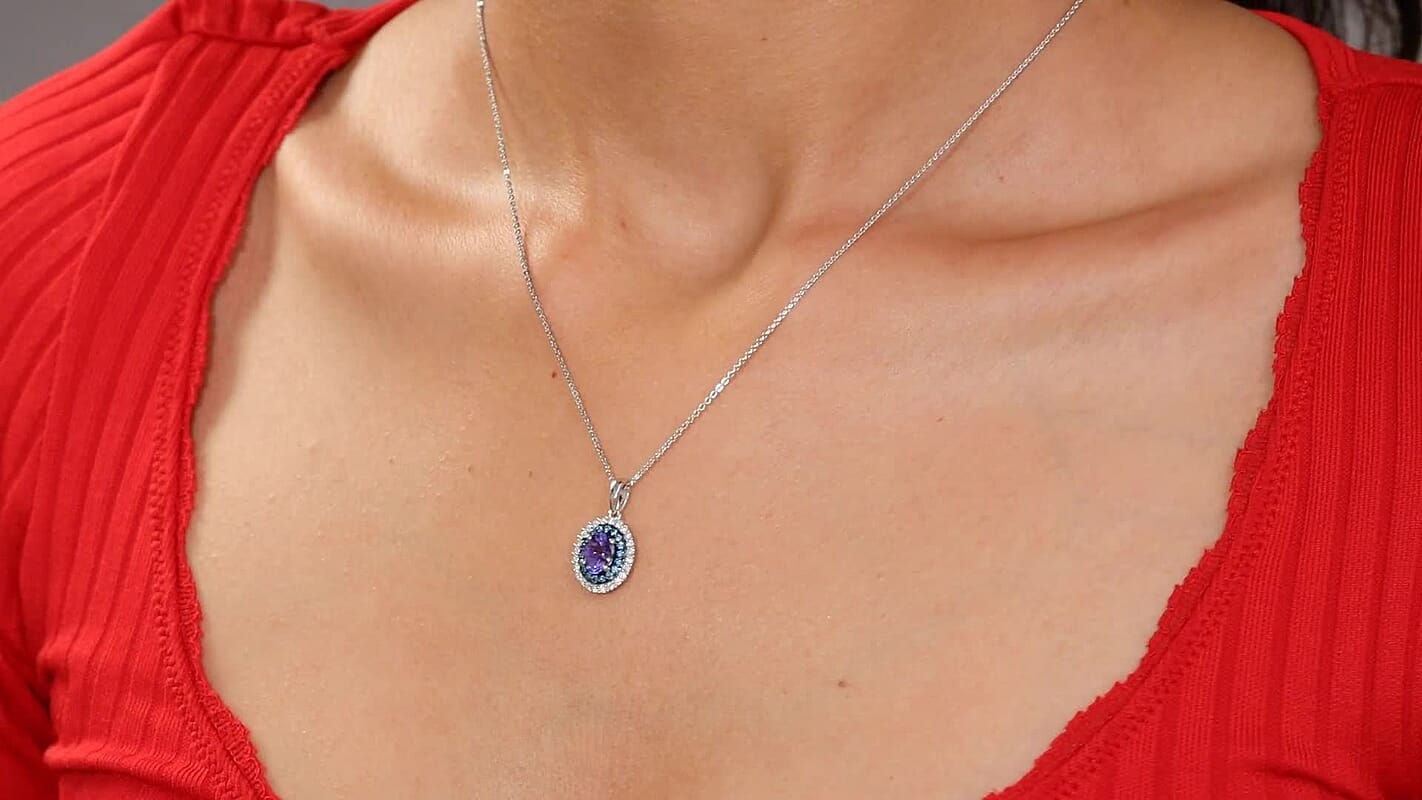 D'Joy Premium Tanzanite, Luxuriant Lab Grown Blue and White Diamond Twilight Reverie Pendant Necklace (20 Inches) in Rhodium Over Sterling Silver 1.45 ctw