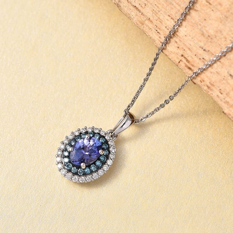 Luxuriant Lab Grown Blue Diamond (IR) and Lab Grown White Diamond 1.45 ctw Twilight Reverie Pendant Necklace 20 Inches in Rhodium Over Sterling Silver