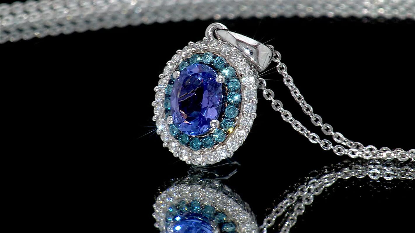 D'Joy Premium Tanzanite, Luxuriant Lab Grown Blue and White Diamond Twilight Reverie Pendant Necklace (20 Inches) in Rhodium Over Sterling Silver 1.45 ctw
