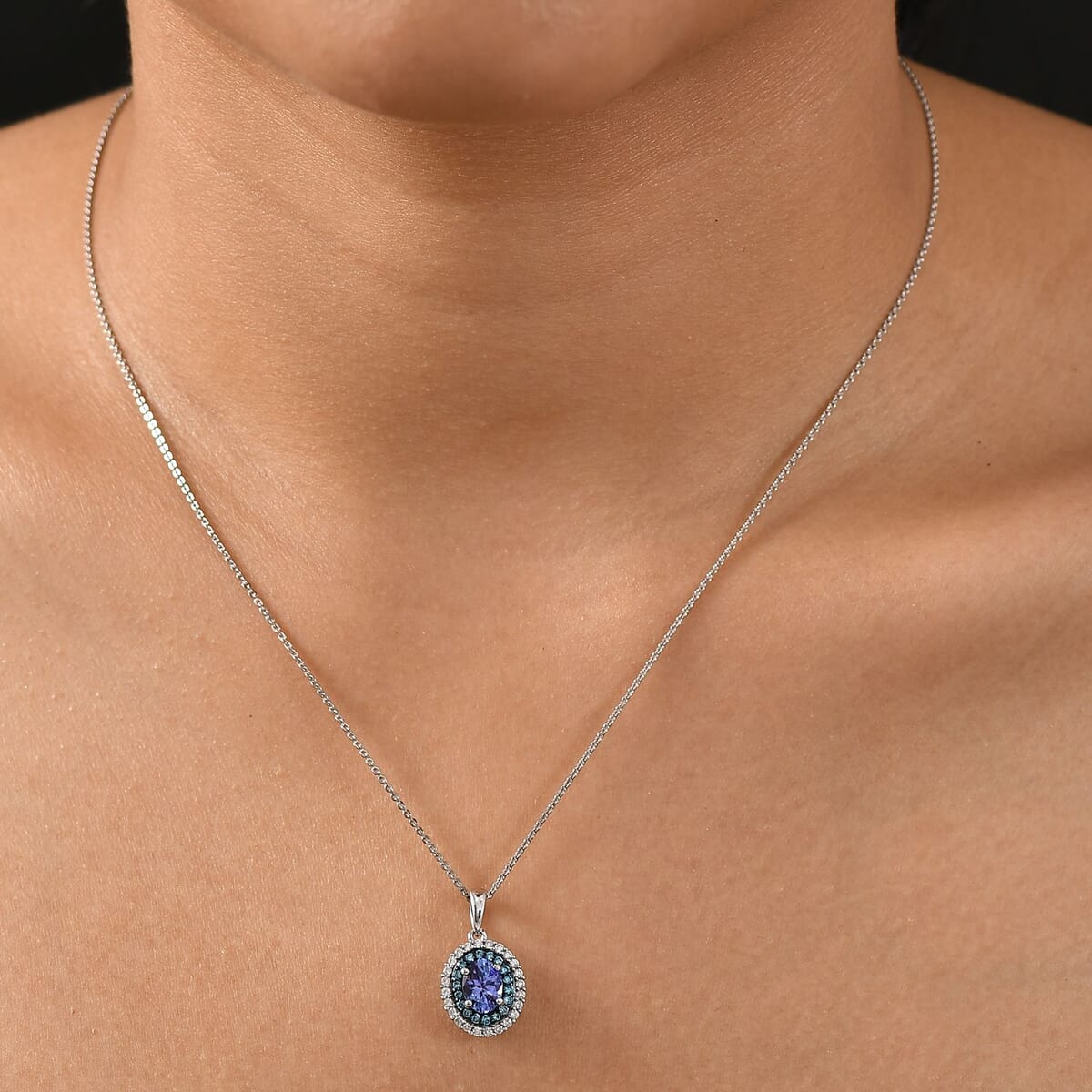 Premium Tanzanite, Luxuriant Lab Grown Blue and White Diamond 1.45 ctw Twilight Reverie Pendant Necklace 20 Inches in Rhodium Over Sterling Silver image number 2