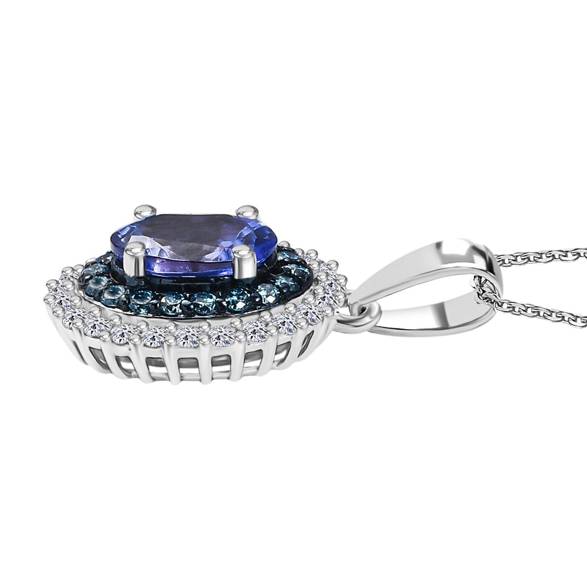 Premium Tanzanite, Luxuriant Lab Grown Blue and White Diamond 1.45 ctw Twilight Reverie Pendant Necklace 20 Inches in Rhodium Over Sterling Silver image number 3