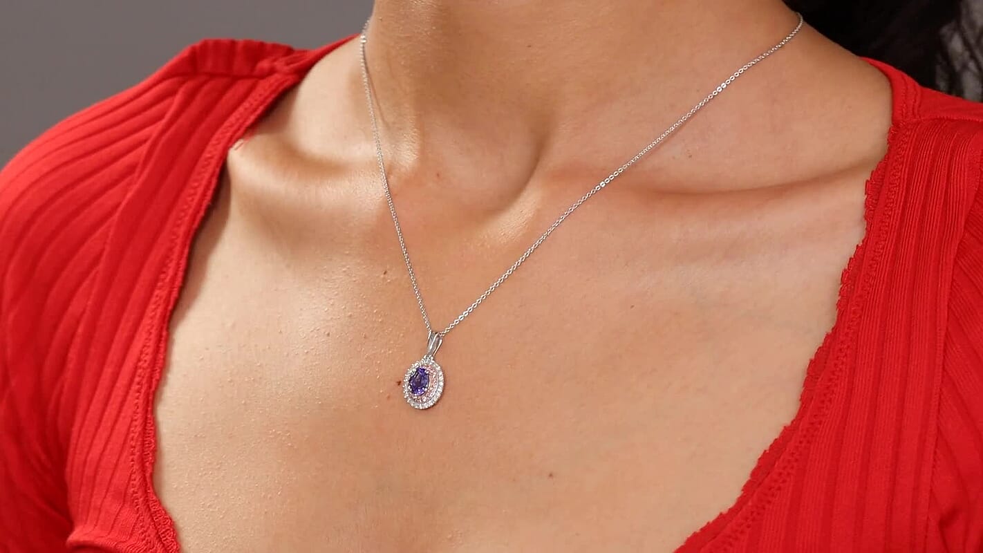 D'Joy Premium Tanzanite, Luxuriant Lab Grown Blue and White Diamond Twilight Reverie Pendant Necklace (20 Inches) in Rhodium Over Sterling Silver 1.45 ctw