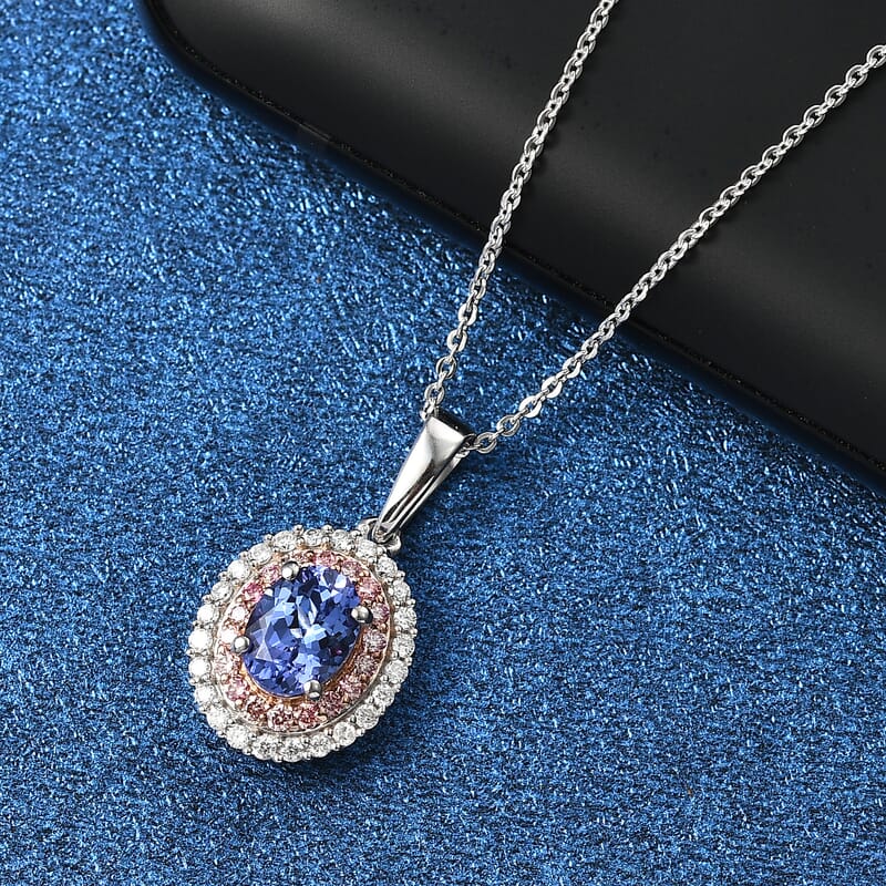 Premium Tanzanite, Luxuriant Lab Grown Pink Diamond (IR) and Lab Grown Diamond 1.45 ctw Twilight Reverie Pendant Necklace 20 Inches in Rhodium Over Sterling Silver