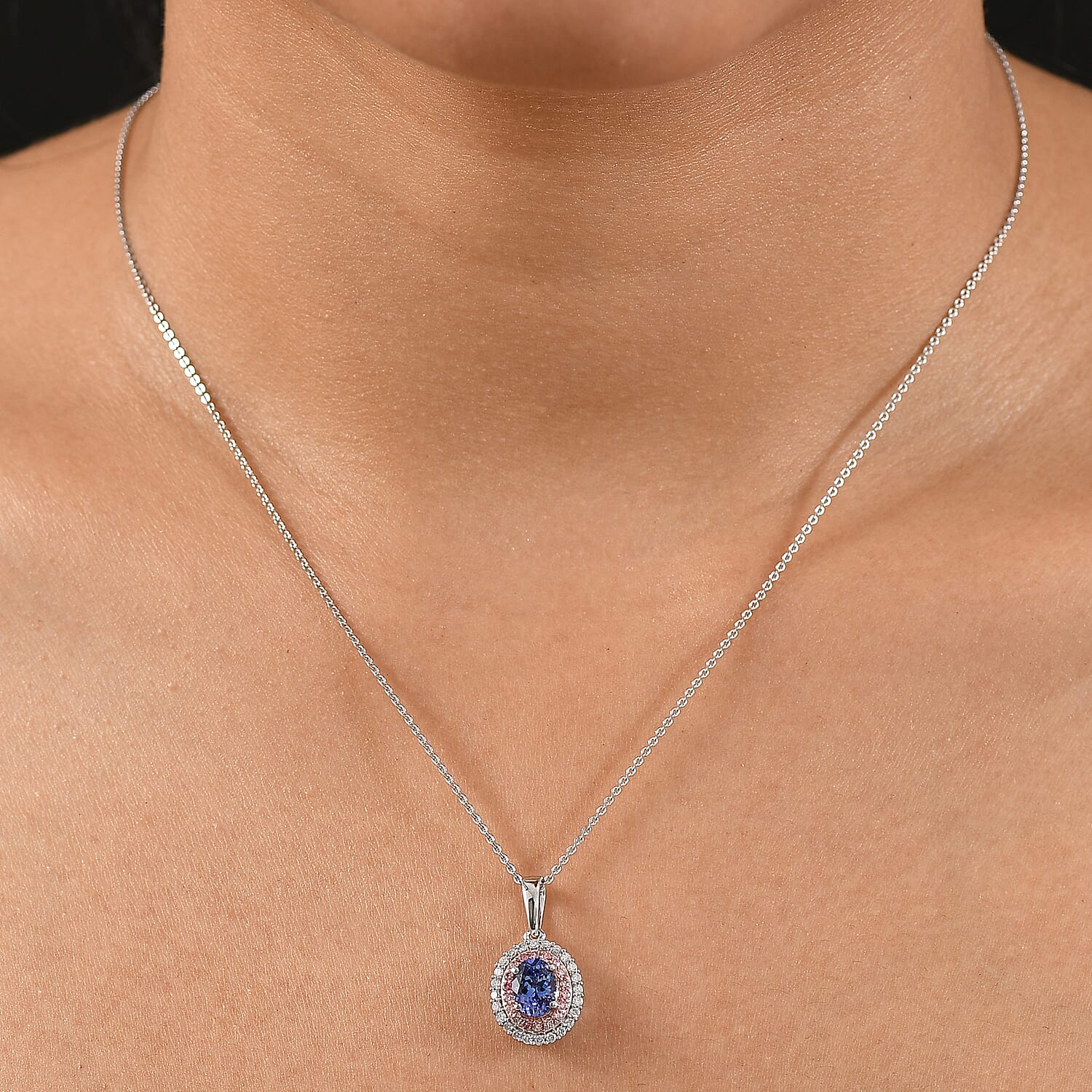 Premium Tanzanite, Luxuriant Lab Grown Pink Diamond (IR) and Lab Grown Diamond 1.45 ctw Twilight Reverie Pendant Necklace 20 Inches in Rhodium Over Sterling Silver