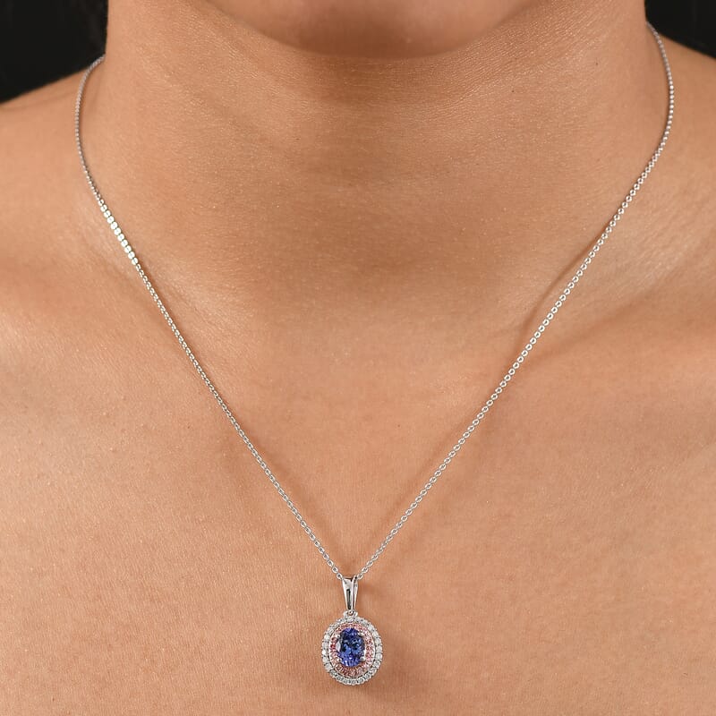 Premium Tanzanite, Luxuriant Lab Grown Pink Diamond (IR) and Lab Grown Diamond 1.45 ctw Twilight Reverie Pendant Necklace 20 Inches in Rhodium Over Sterling Silver
