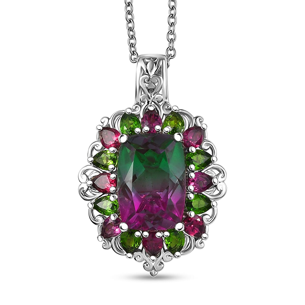 Ever True Watermelon Quartz and Multi Gemstone 10.25 ctw Garden of Glamour Pendant Necklace 20 Inches in Stainless Steel image number 0