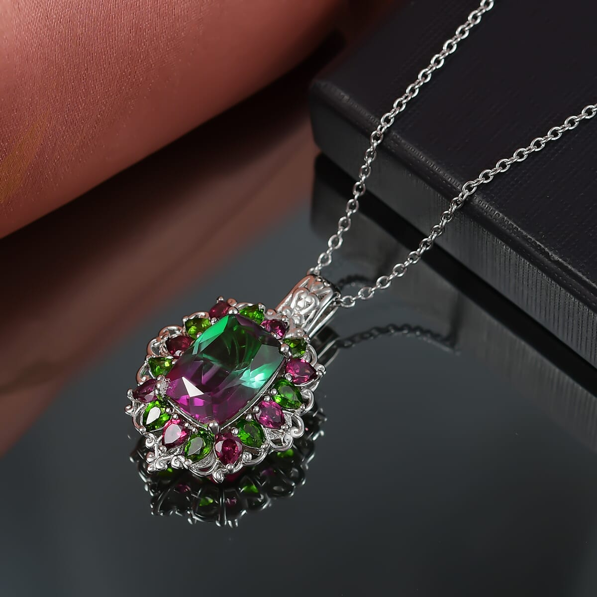 Ever True Watermelon Quartz and Multi Gemstone 10.25 ctw Garden of Glamour Pendant Necklace 20 Inches in Stainless Steel image number 1