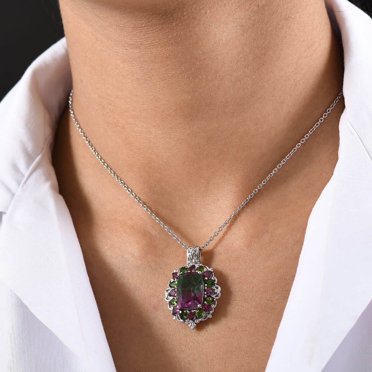 Ever True Watermelon Quartz and Multi Gemstone 10.25 ctw Garden of Glamour Pendant Necklace 20 Inches in Stainless Steel image number 2