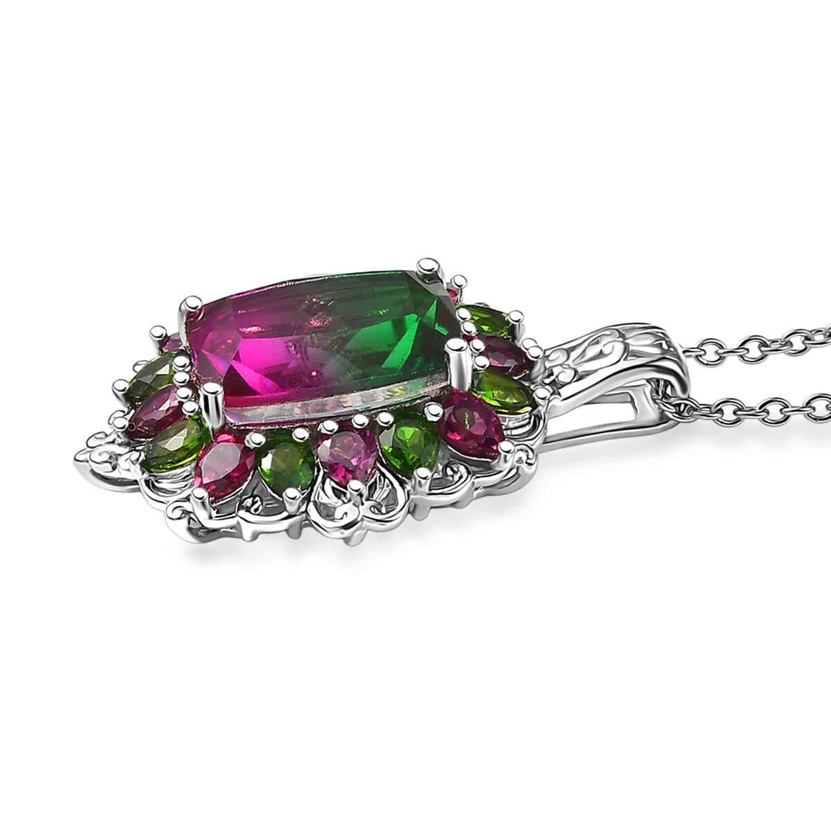 Ever True Watermelon Quartz and Multi Gemstone 10.25 ctw Garden of Glamour Pendant Necklace 20 Inches in Stainless Steel image number 3
