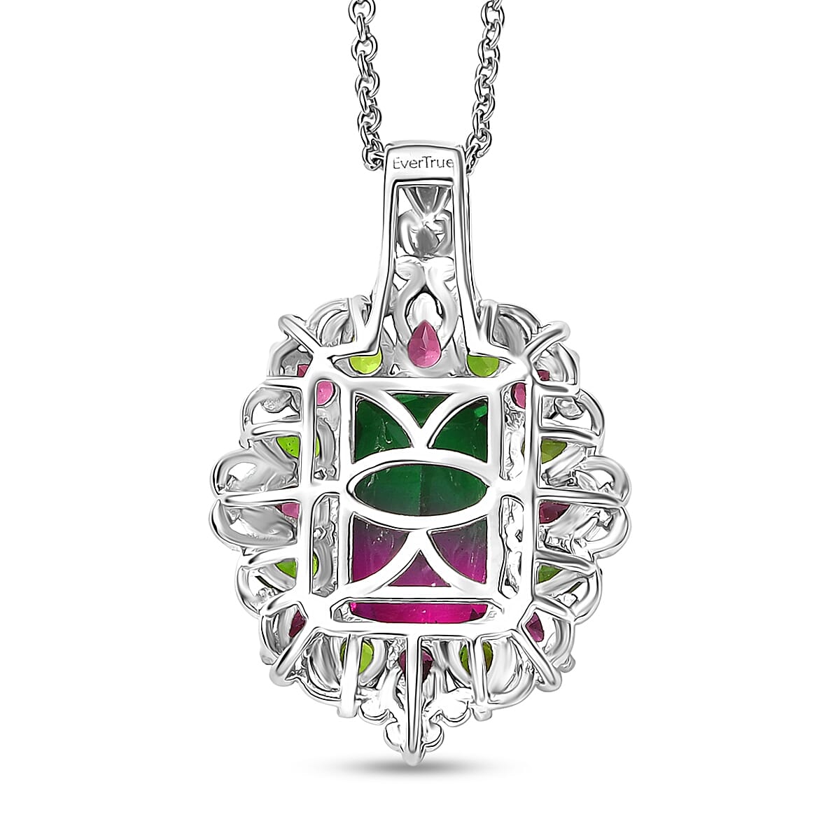 EverTrue Watermelon Quartz and Multi Gemstone 10.25 ctw Garden of Glamour Pendant Necklace 20 Inches in Stainless Steel