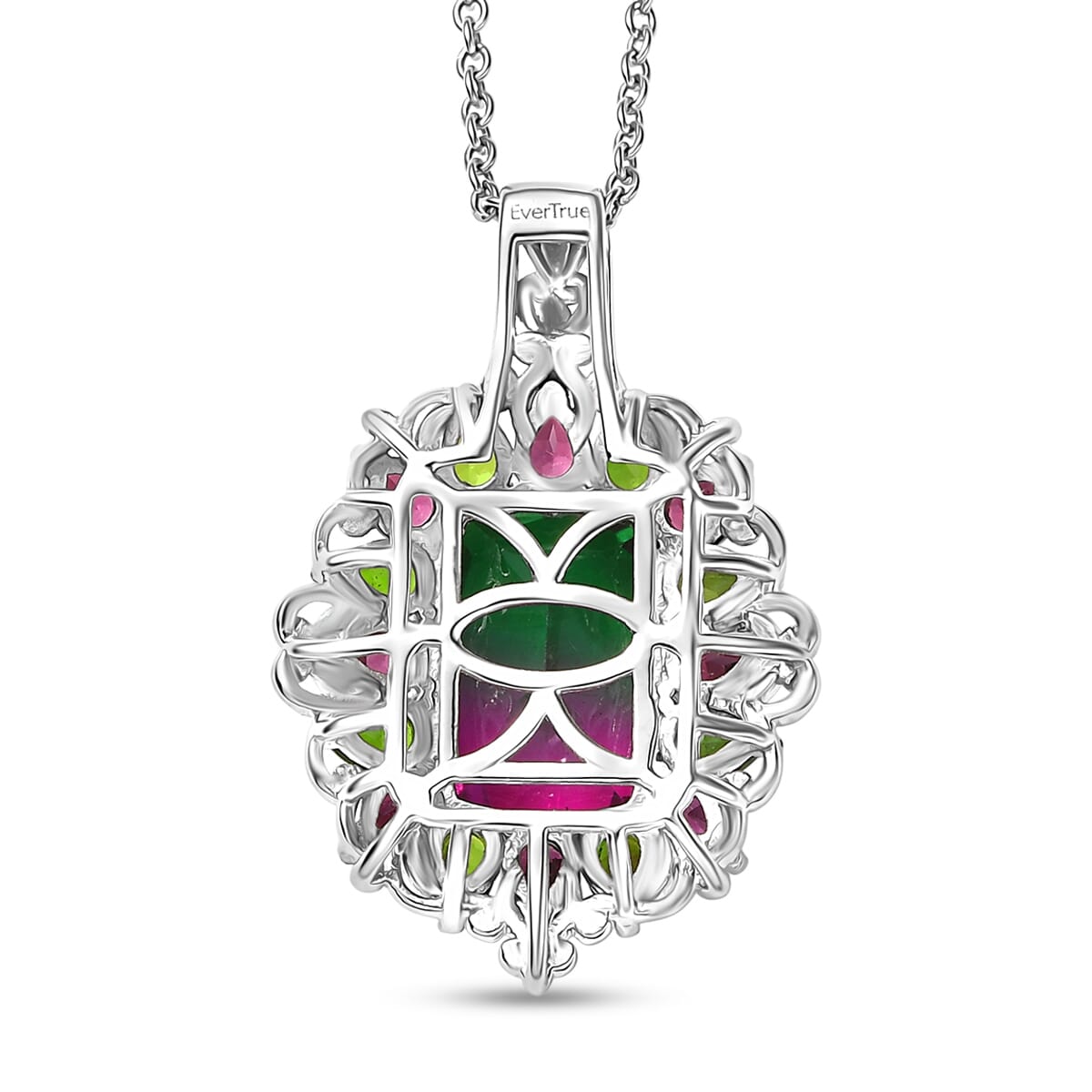 Ever True Watermelon Quartz and Multi Gemstone 10.25 ctw Garden of Glamour Pendant Necklace 20 Inches in Stainless Steel image number 4
