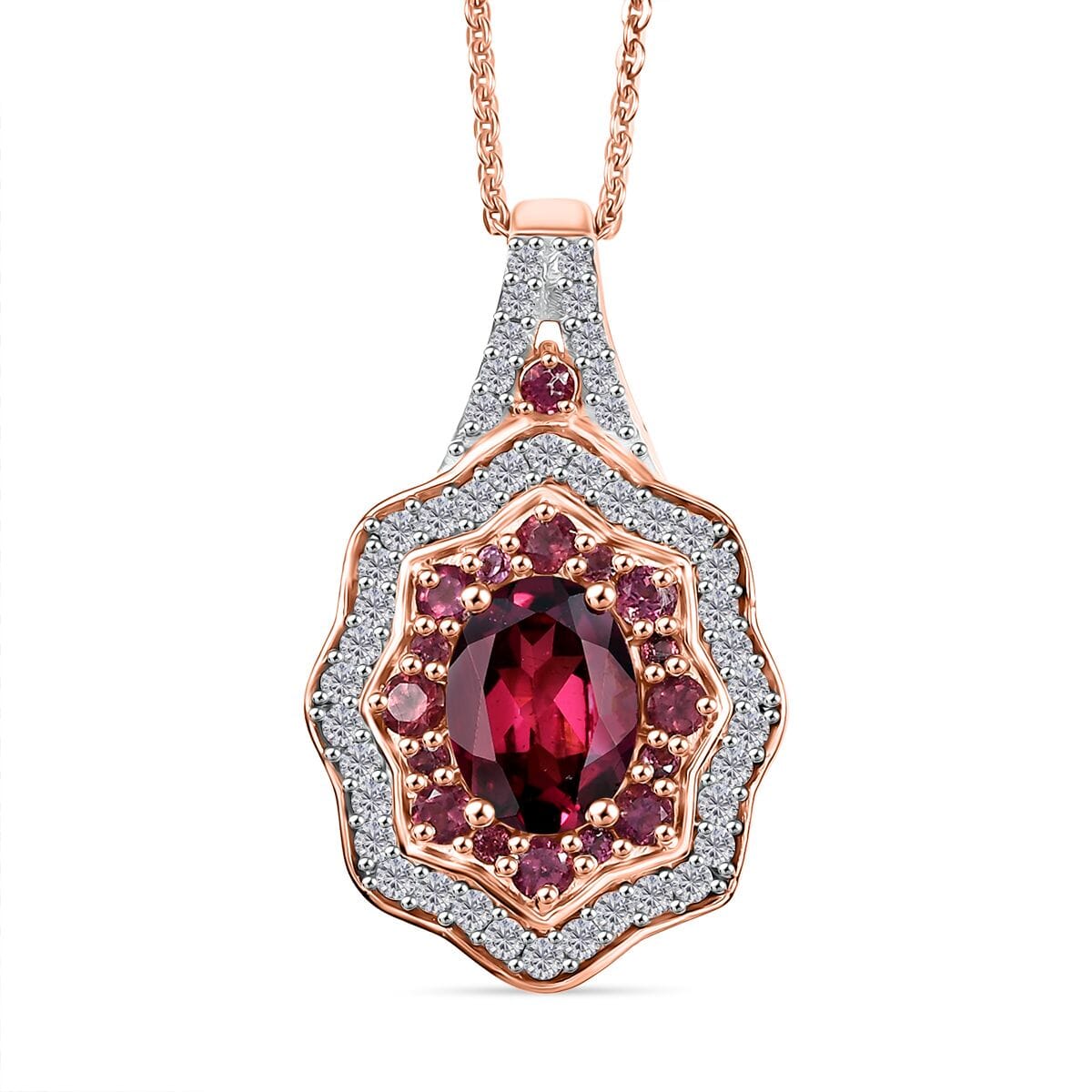 D'Joy Tanzanian Wine Garnet and White Zircon 2.70 ctw Scarlet Aura Pendant Necklace in 18K Vermeil Rose Gold Over Sterling Silver 20 Inches image number 0