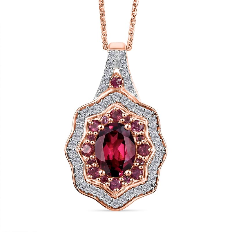 D'Joy Tanzanian Wine Garnet and White Zircon 2.70 ctw Scarlet Aura Pendant Necklace in 18K Vermeil Rose Gold Over Sterling Silver 20 Inches