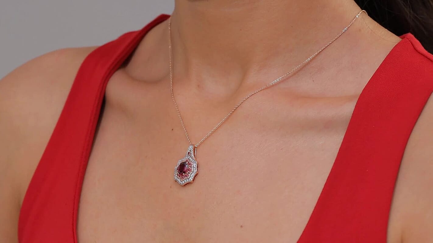 D'Joy Tanzanian Wine Garnet and White Zircon 2.70 ctw Scarlet Aura Pendant Necklace in 18K Vermeil Rose Gold Over Sterling Silver 20 Inches