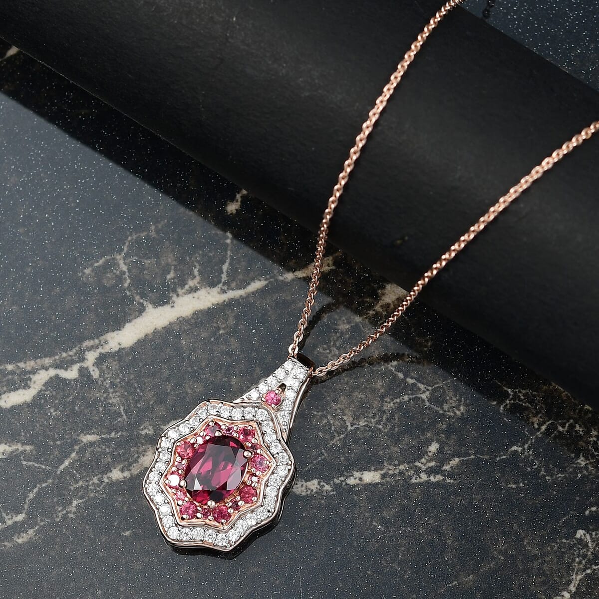 D'Joy Tanzanian Wine Garnet and White Zircon 2.70 ctw Scarlet Aura Pendant Necklace in 18K Vermeil Rose Gold Over Sterling Silver 20 Inches image number 1