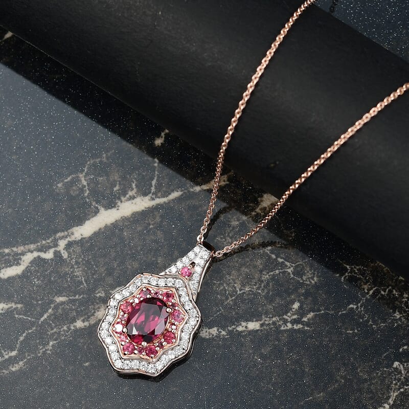 D'Joy Tanzanian Wine Garnet and White Zircon 2.70 ctw Scarlet Aura Pendant Necklace in 18K Vermeil Rose Gold Over Sterling Silver 20 Inches