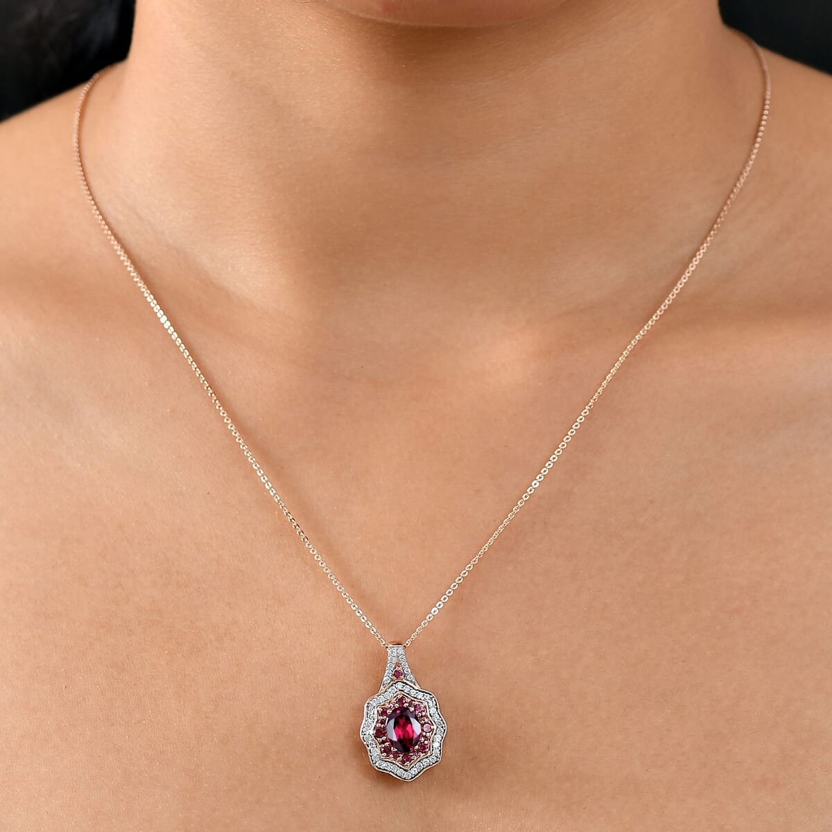 D'Joy Tanzanian Wine Garnet and White Zircon 2.70 ctw Scarlet Aura Pendant Necklace in 18K Vermeil Rose Gold Over Sterling Silver 20 Inches image number 2