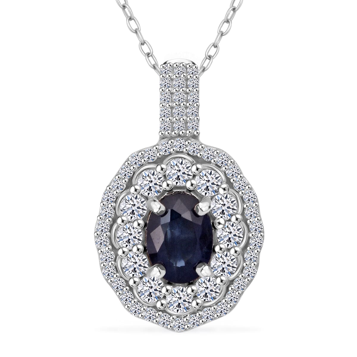 Premium Kanchanaburi Blue Sapphire and Luxuriant Lab Grown Diamond SI 1.65 ctw Crown Radiance Pendant Necklace in 10K White Gold 18 Inches image number 0
